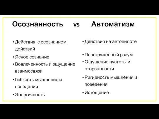 Осознанность vs Автоматизм Действия с осознанием действий Ясное сознание Вовлеченность и ощущение