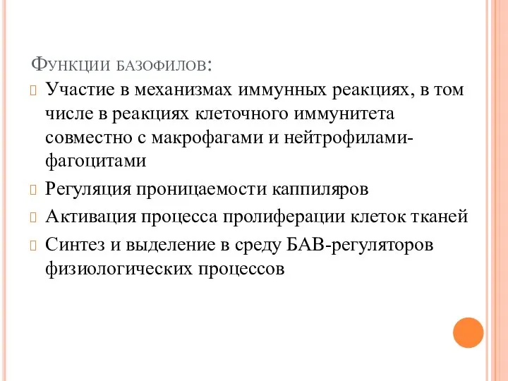 Функции базофилов: Участие в механизмах иммунных реакциях, в том числе в реакциях