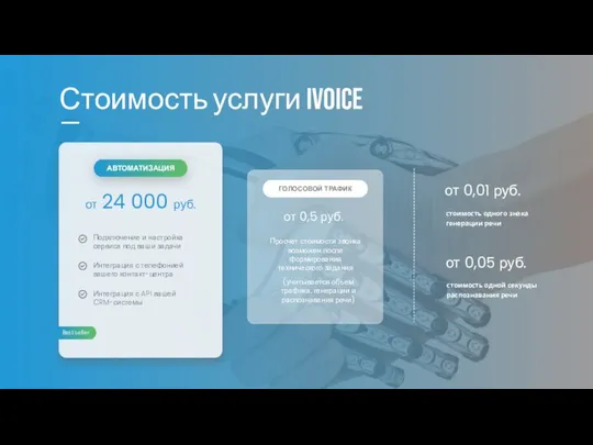 Стоимость услуги iVoice от 24 000 руб. АВТОМАТИЗАЦИЯ от 0,5 руб. ГОЛОСОВОЙ