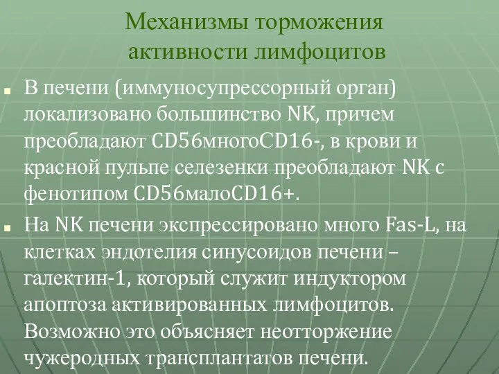 Механизмы торможения активности лимфоцитов В печени (иммуносупрессорный орган) локализовано большинство NK, причем