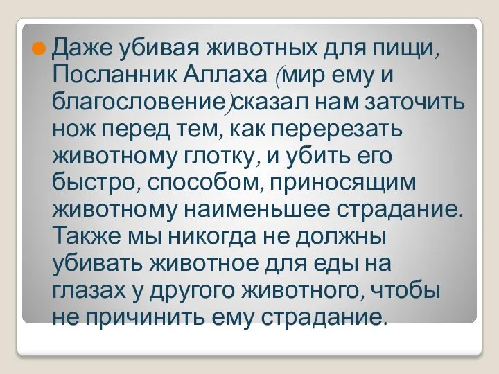 Даже убивая животных для пищи, Посланник Аллаха (мир ему и благословение)сказал нам