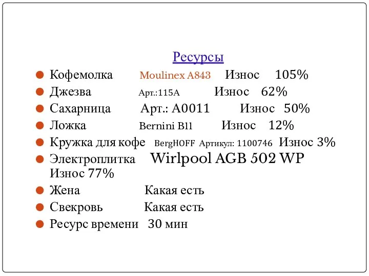 Ресурсы Кофемолка Moulinex A843 Износ 105% Джезва Арт.:115А Износ 62% Сахарница Арт.: