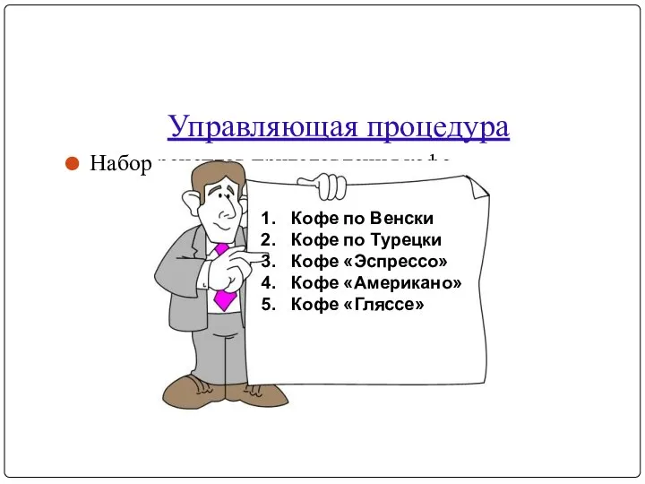 Управляющая процедура Набор рецептов приготовления кофе Кофе по Венски Кофе по Турецки