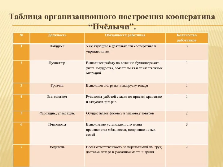 Таблица организационного построения кооператива “Пчёлычи”.