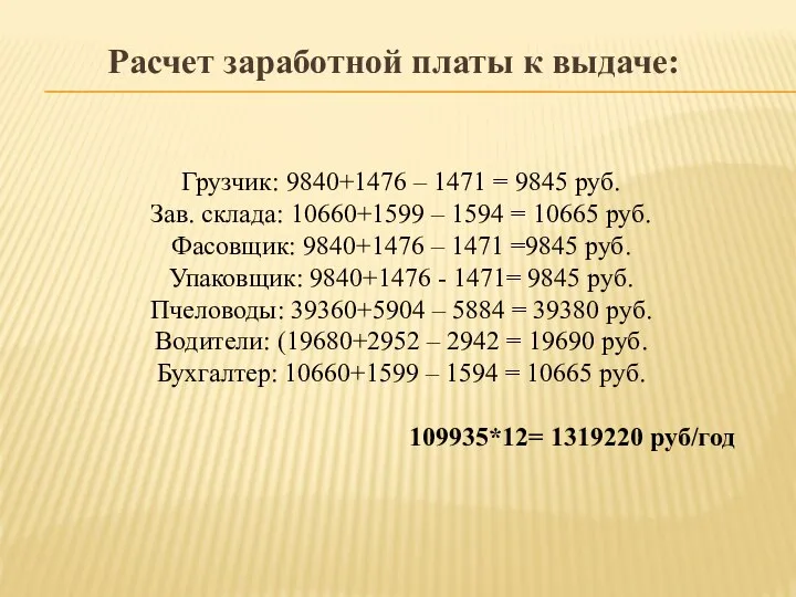 Расчет заработной платы к выдаче: Грузчик: 9840+1476 – 1471 = 9845 руб.