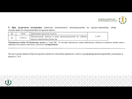 9. При досрочном погашении клиентом начисленного вознаграждения по предоставленному займу осуществляется следующая