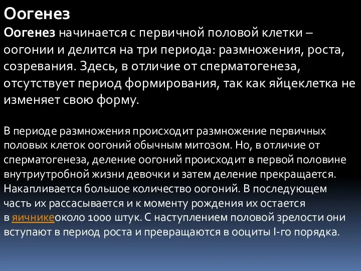 Оогенез Оогенез начинается с первичной половой клетки – оогонии и делится на