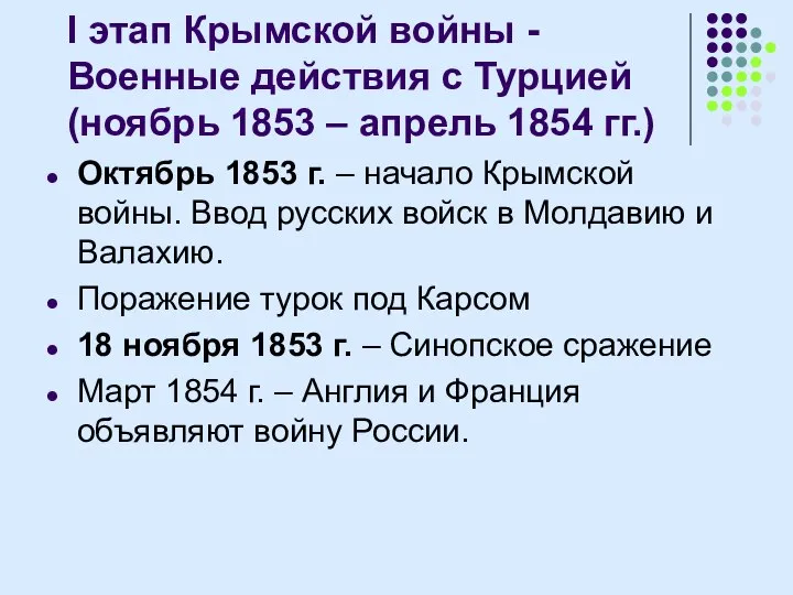 I этап Крымской войны - Военные действия с Турцией (ноябрь 1853 –