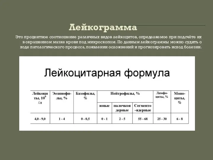 Лейкограмма Это процентное соотношение различных видов лейкоцитов, определяемое при подсчёте их в