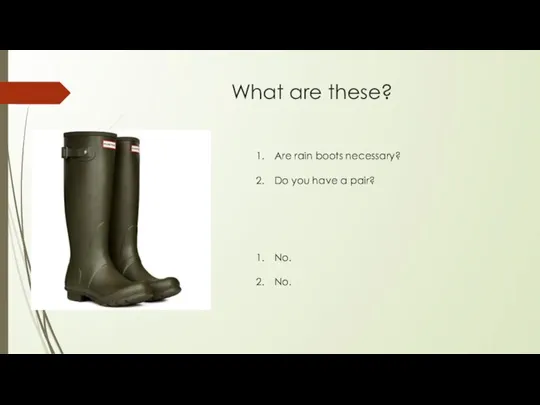 What are these? Are rain boots necessary? Do you have a pair? No. No.