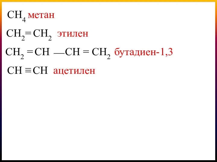 СН4 метан СН2= СН2 этилен СН2 = СН ⎯ СН = СН2