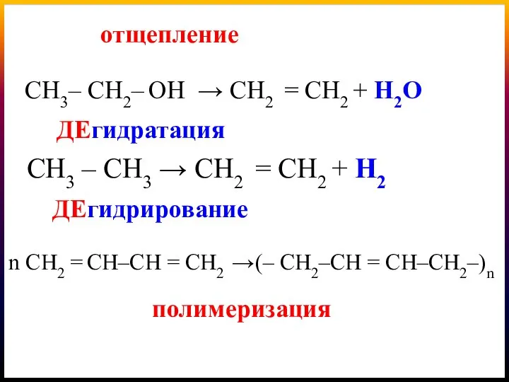 СН3– CH2– OН → СН2 = СН2 + H2O ДЕгидратация (– СН2–СН