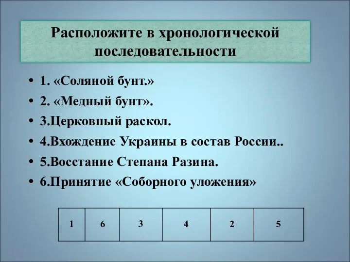 Расположите в хронологической последовательности 1. «Соляной бунт.» 2. «Медный бунт». 3.Церковный раскол.