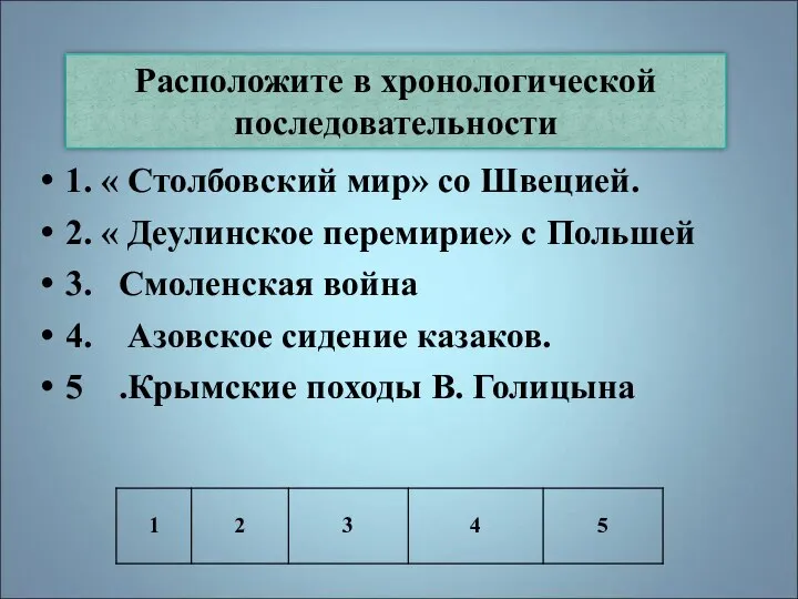 Расположите в хронологической последовательности 1. « Столбовский мир» со Швецией. 2. «