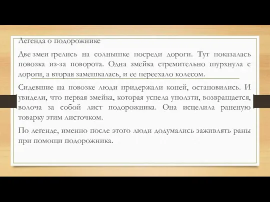 Легенда о подорожнике Две змеи грелись на солнышке посреди дороги. Тут показалась