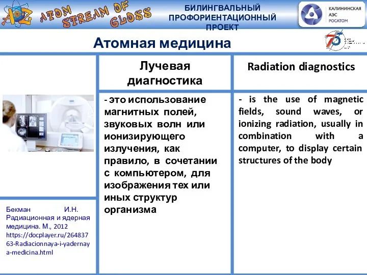 Атомная медицина - это использование магнитных полей, звуковых волн или ионизирующего излучения,