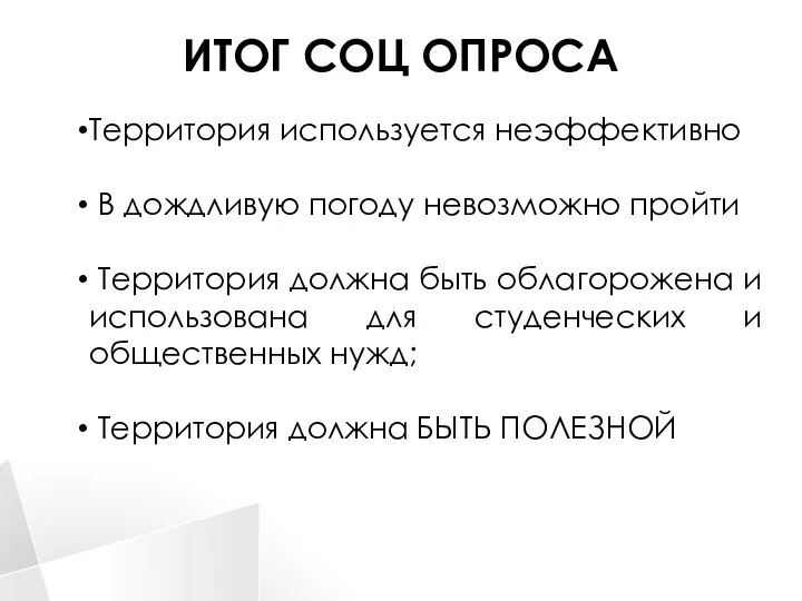 ИТОГ СОЦ ОПРОСА Территория используется неэффективно В дождливую погоду невозможно пройти Территория