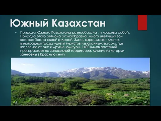 Южный Казахстан Природа Южного Казахстана разнообразна , и красива собой. Природа этого