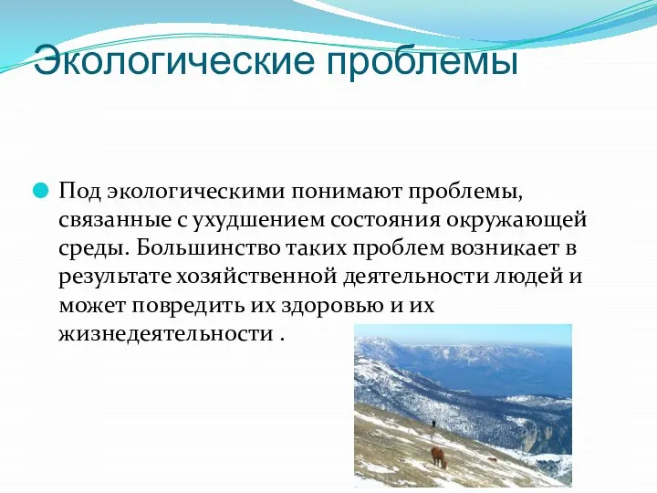 Экологические проблемы Под экологическими понимают проблемы, связанные с ухудшением состояния окружающей среды.