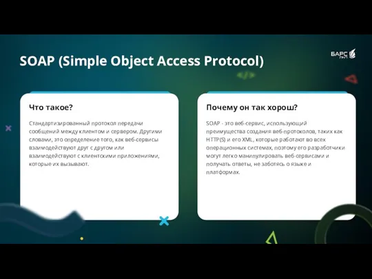 SOAP (Simple Object Access Protocol) Что такое? Стандартизированный протокол передачи сообщений между