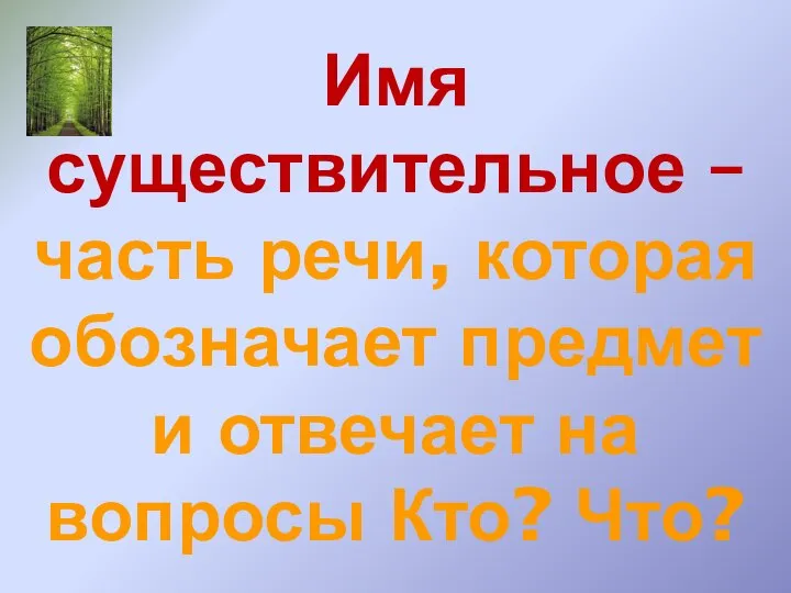 Имя существительное – часть речи, которая обозначает предмет и отвечает на вопросы Кто? Что?