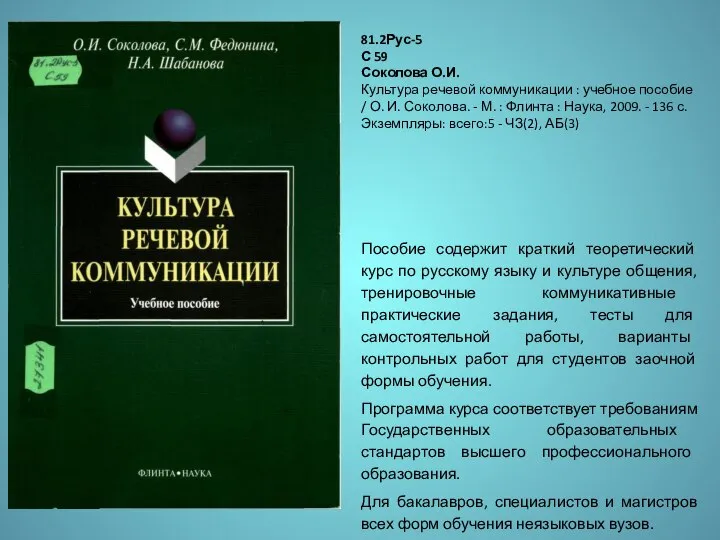 Пособие содержит краткий теоретический курс по русскому языку и культуре общения, тренировочные