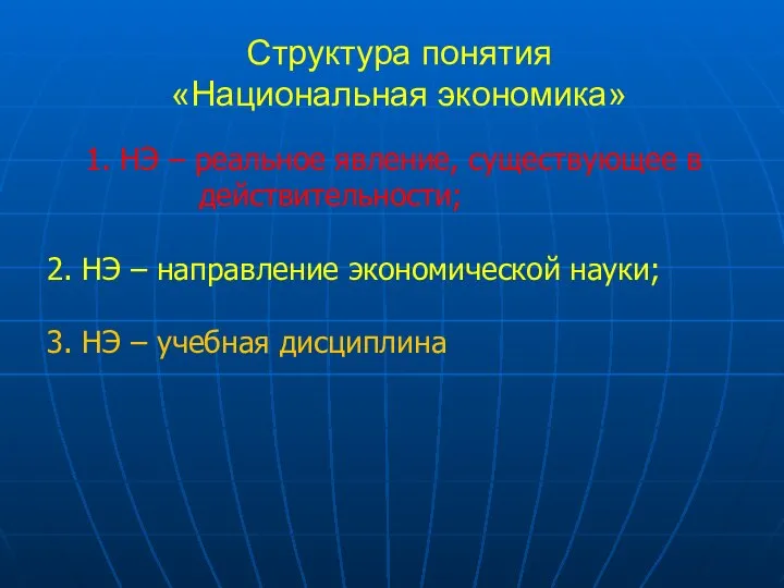 Структура понятия «Национальная экономика» 1. НЭ – реальное явление, существующее в действительности;