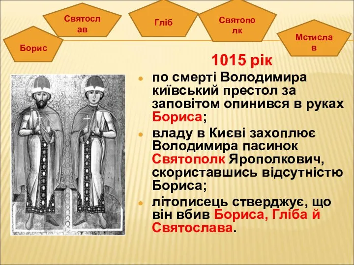 1015 рік по смерті Володимира київський престол за заповітом опинився в руках