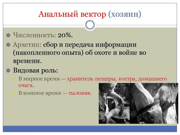 Анальный вектор (хозяин) Численность: 20%. Архетип: сбор и передача информации (накопленного опыта)