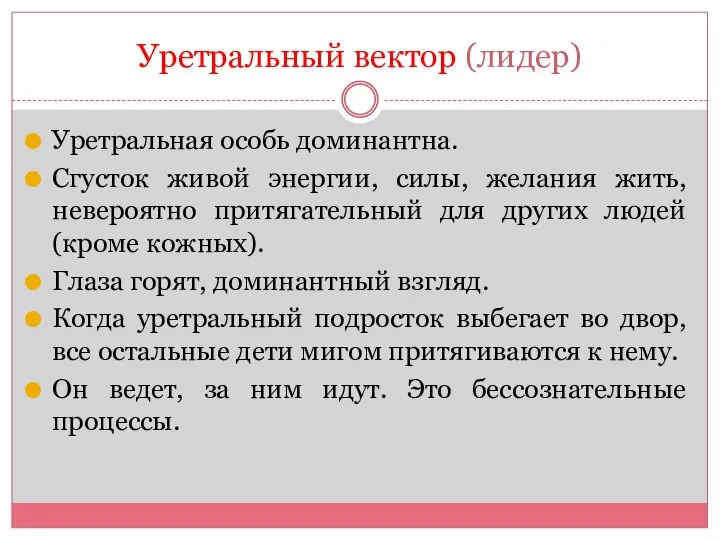 Уретральный вектор (лидер) Уретральная особь доминантна. Сгусток живой энергии, силы, желания жить,