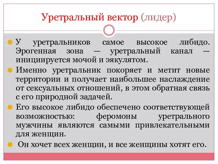 Уретральный вектор (лидер) У уретральников самое высокое либидо. Эрогенная зона — уретральный