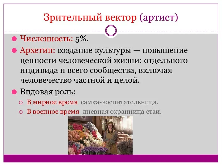 Зрительный вектор (артист) Численность: 5%. Архетип: создание культуры — повышение ценности человеческой