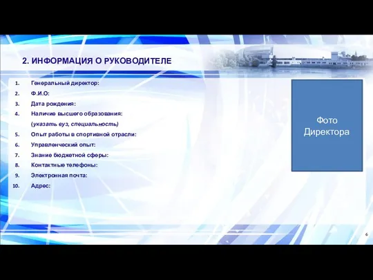 Генеральный директор: Ф.И.О: Дата рождения: Наличие высшего образования: (указать вуз, специальность) Опыт