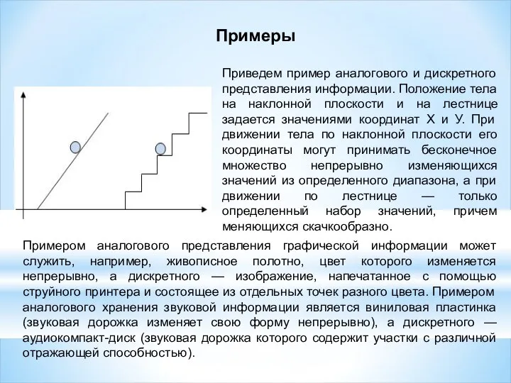 Примеры Приведем пример аналогового и дискретного представления информации. Положение тела на наклонной