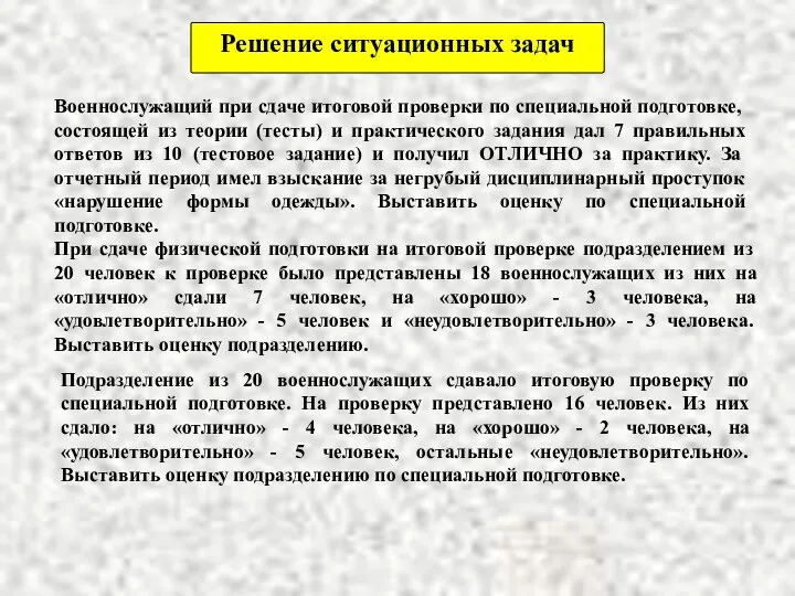 Военнослужащий при сдаче итоговой проверки по специальной подготовке, состоящей из теории (тесты)