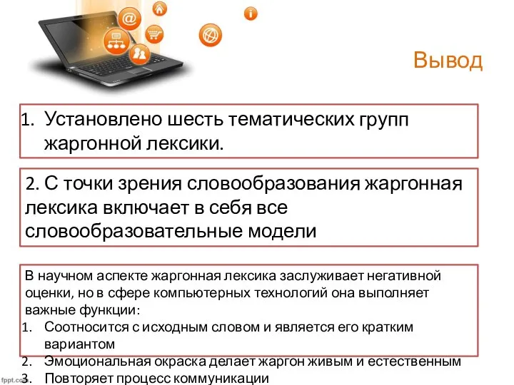 Вывод Установлено шесть тематических групп жаргонной лексики. 2. С точки зрения словообразования