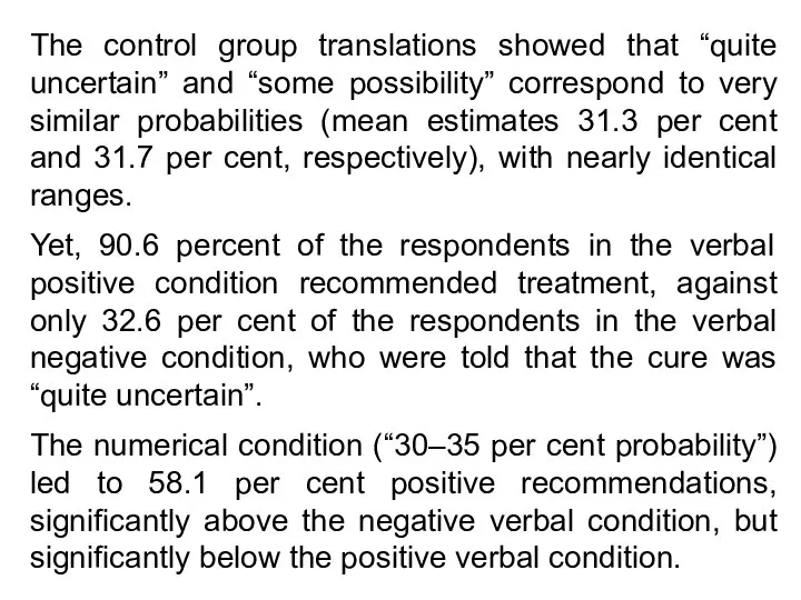 The control group translations showed that “quite uncertain” and “some possibility” correspond