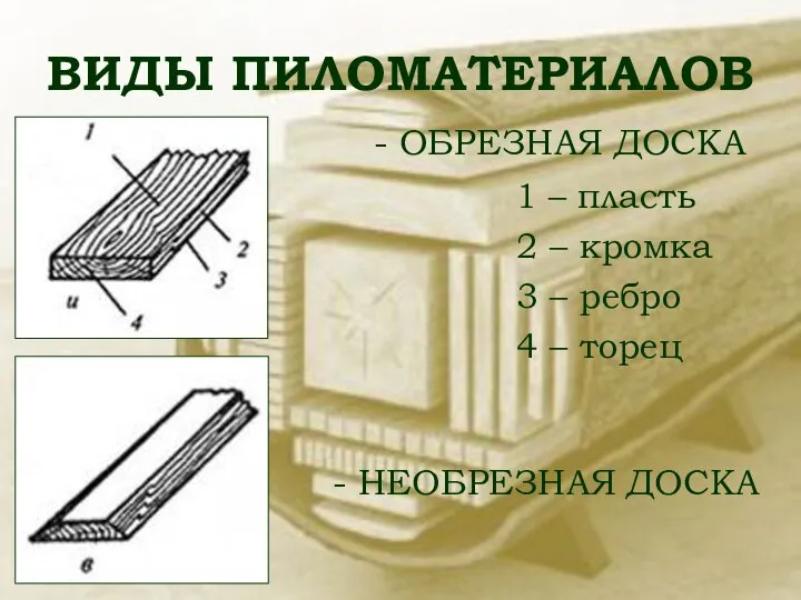 ВИДЫ ПИЛОМАТЕРИАЛОВ - ОБРЕЗНАЯ ДОСКА 1 – пласть 2 – кромка 3