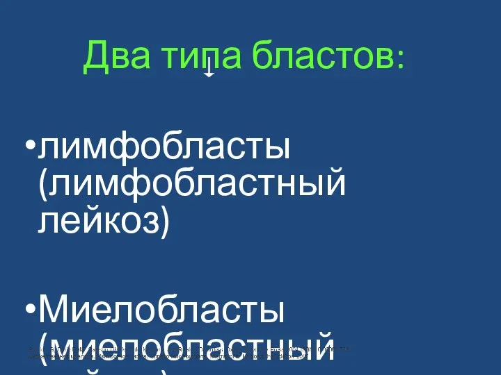 Два типа бластов: лимфобласты (лимфобластный лейкоз) Миелобласты (миелобластный лейкоз)