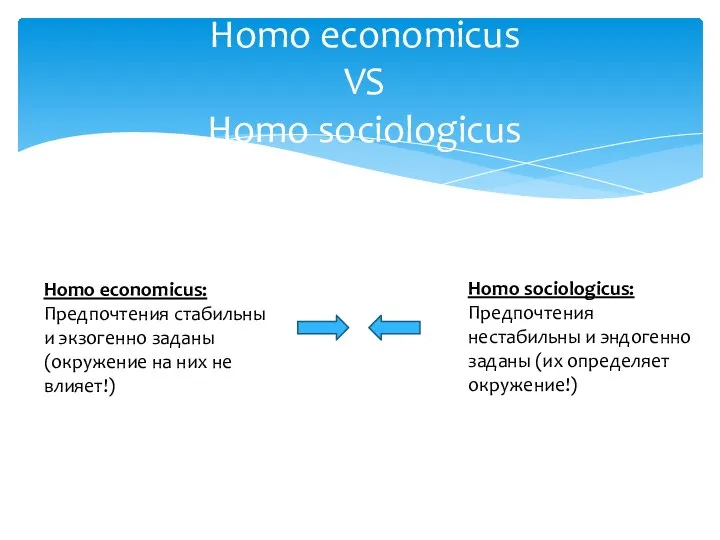 Homo economicus VS Homo sociologicus Homo economicus: Предпочтения стабильны и экзогенно заданы