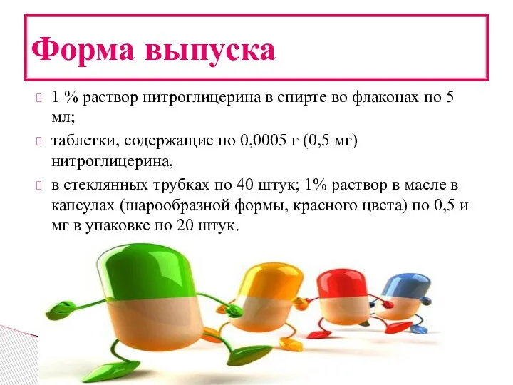 1 % раствор нитроглицерина в спирте во флаконах по 5 мл; таблетки,