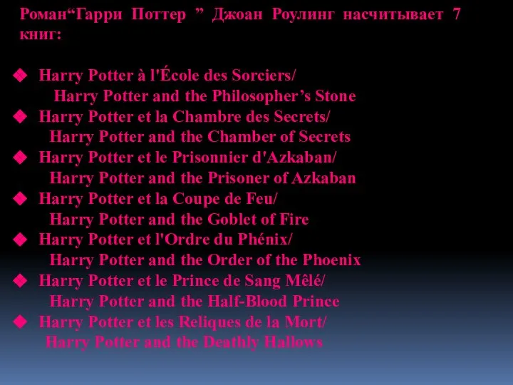 Роман“Гарри Поттер ” Джоан Роулинг насчитывает 7 книг: Harry Potter à l'École