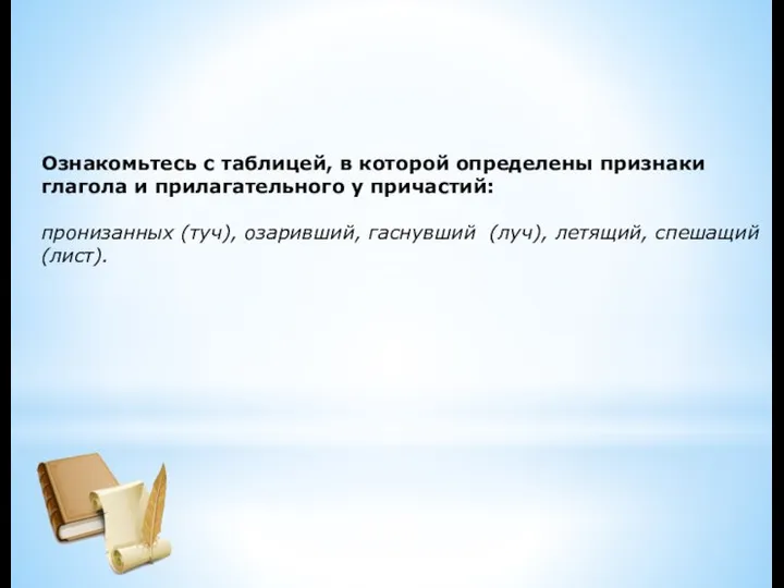 Ознакомьтесь с таблицей, в которой определены признаки глагола и прилагательного у причастий: