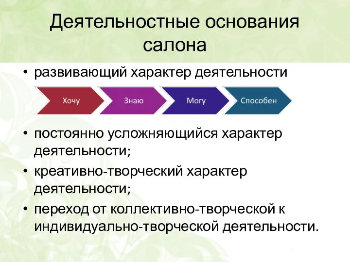 Деятельностные основания салона развивающий характер деятельности постоянно усложняющийся характер деятельности; креативно-творческий характер