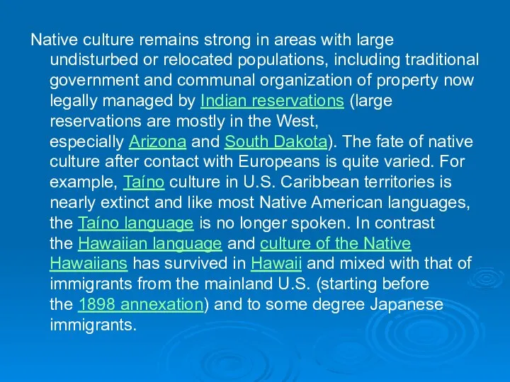 Native culture remains strong in areas with large undisturbed or relocated populations,