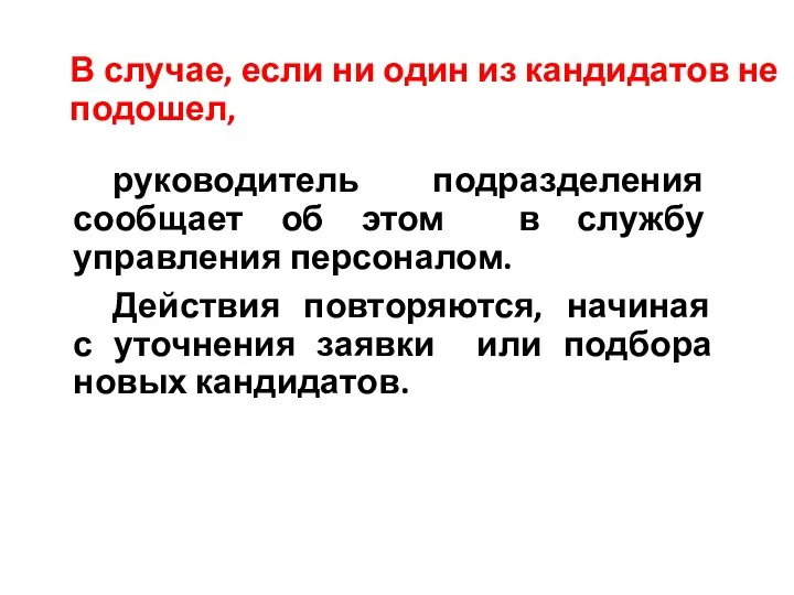 В случае, если ни один из кандидатов не подошел, руководитель подразделения сообщает