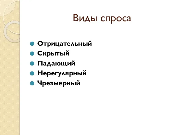 Виды спроса Отрицательный Скрытый Падающий Нерегулярный Чрезмерный