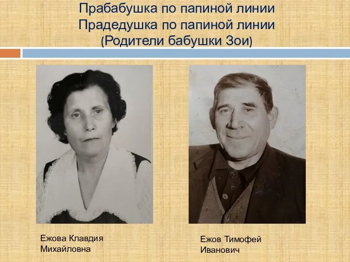 Прабабушка по папиной линии Прадедушка по папиной линии (Родители бабушки Зои) Ежова