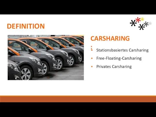 Stationsbasiertes Carsharing Free-Floating-Carsharing Privates Carsharing DEFINITION CARSHARING: