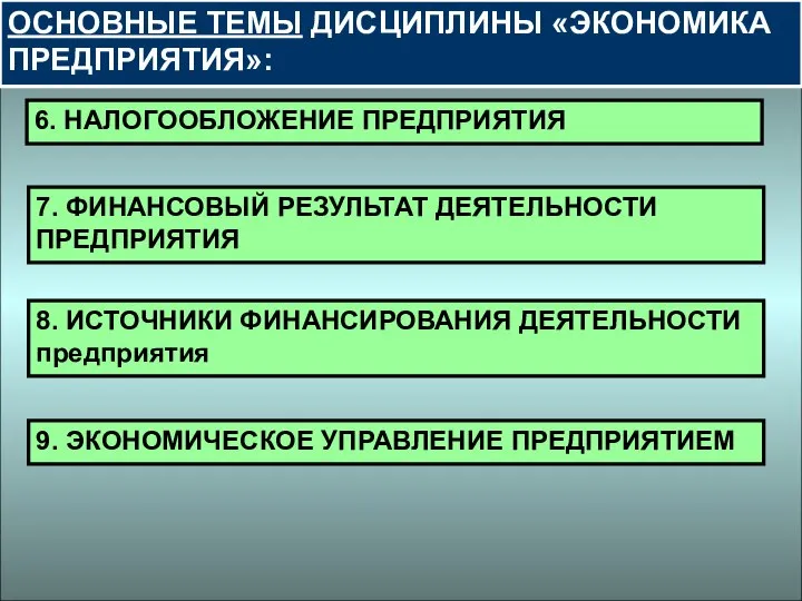 ОСНОВНЫЕ ТЕМЫ ДИСЦИПЛИНЫ «ЭКОНОМИКА ПРЕДПРИЯТИЯ»: 6. НАЛОГООБЛОЖЕНИЕ ПРЕДПРИЯТИЯ 7. ФИНАНСОВЫЙ РЕЗУЛЬТАТ ДЕЯТЕЛЬНОСТИ